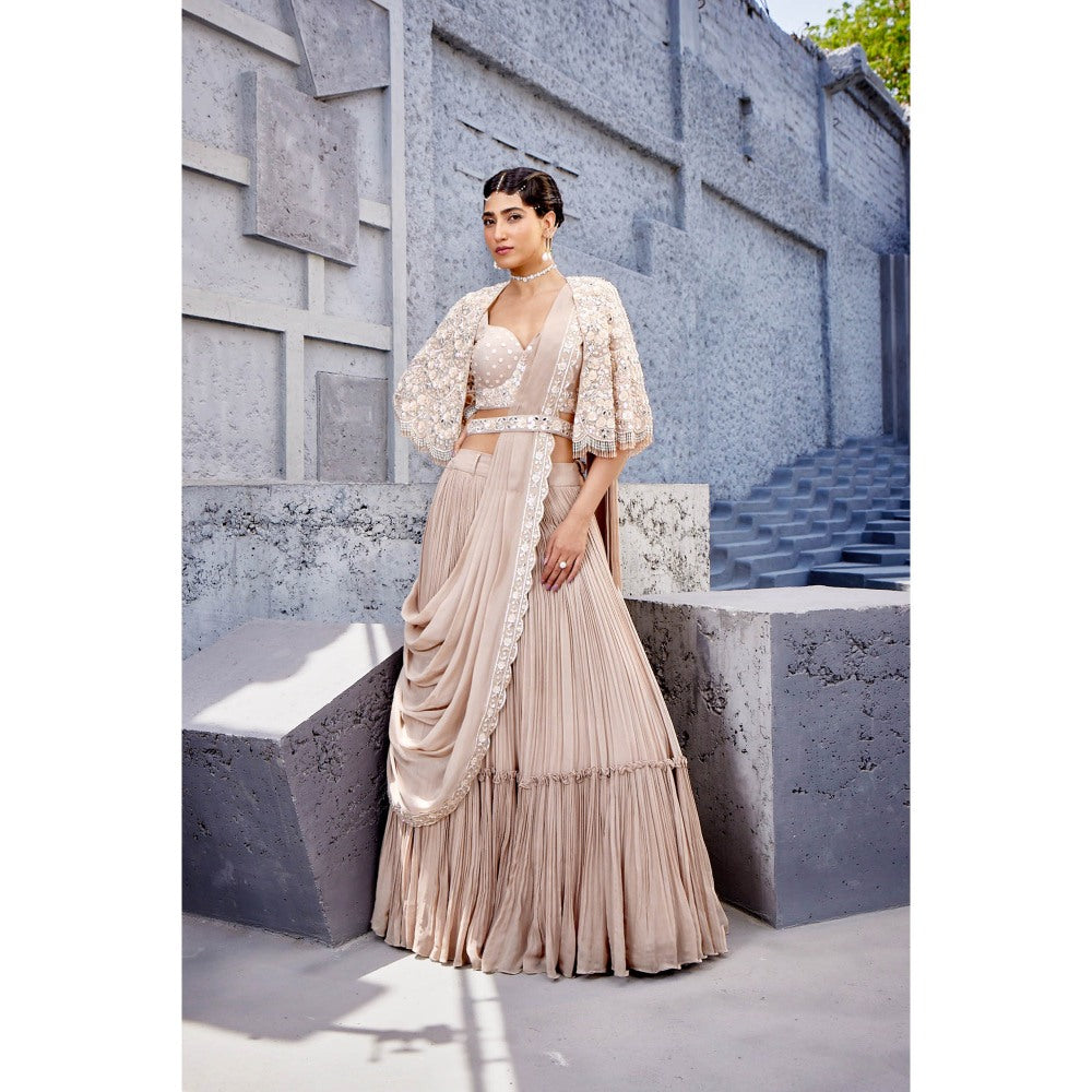 Miku Kumar Beige Laiba Drape Attached Lehenga with Blouse, Cape and Belt (Set of 4)