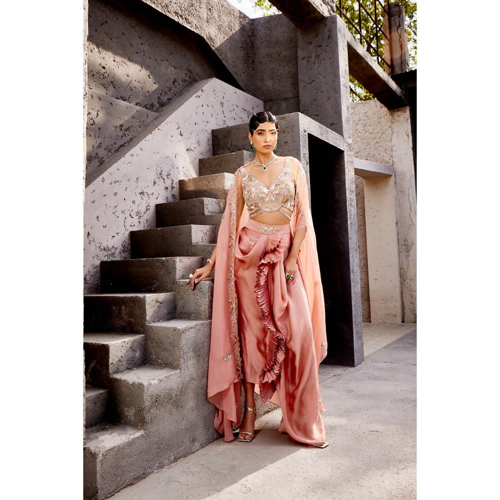 Miku Kumar Peach Aiyana Cape with Drape Skirt and Blouse (Set of 3)