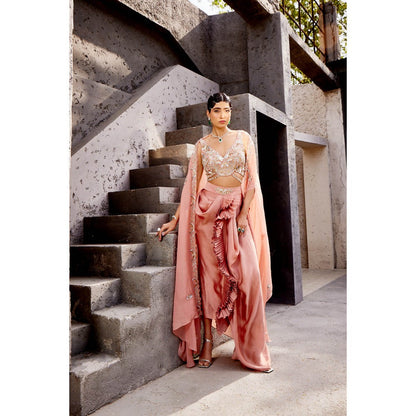 Miku Kumar Peach Aiyana Cape with Drape Skirt and Blouse (Set of 3)