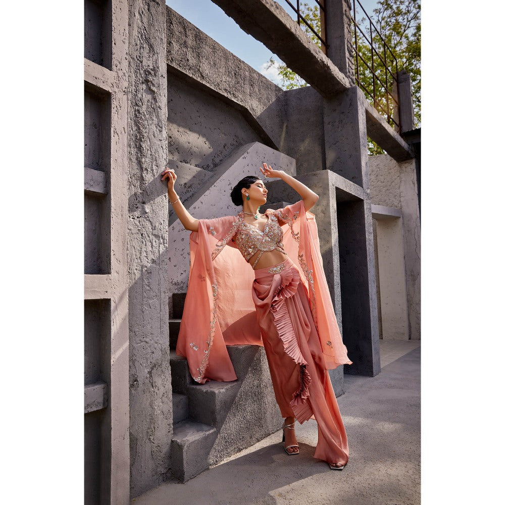 Miku Kumar Peach Aiyana Cape with Drape Skirt and Blouse (Set of 3)