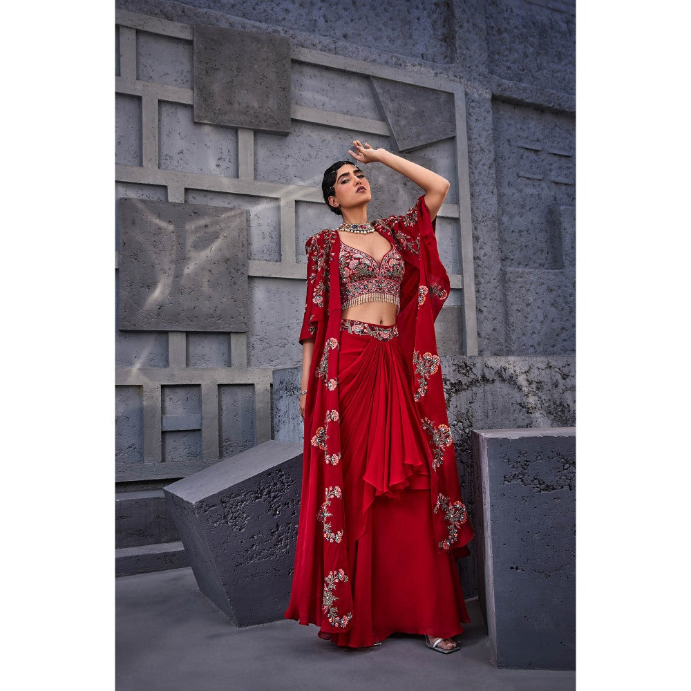 Miku Kumar Red Laalsa Non-Western Cape with Blouse and Skirt (Set of 3)