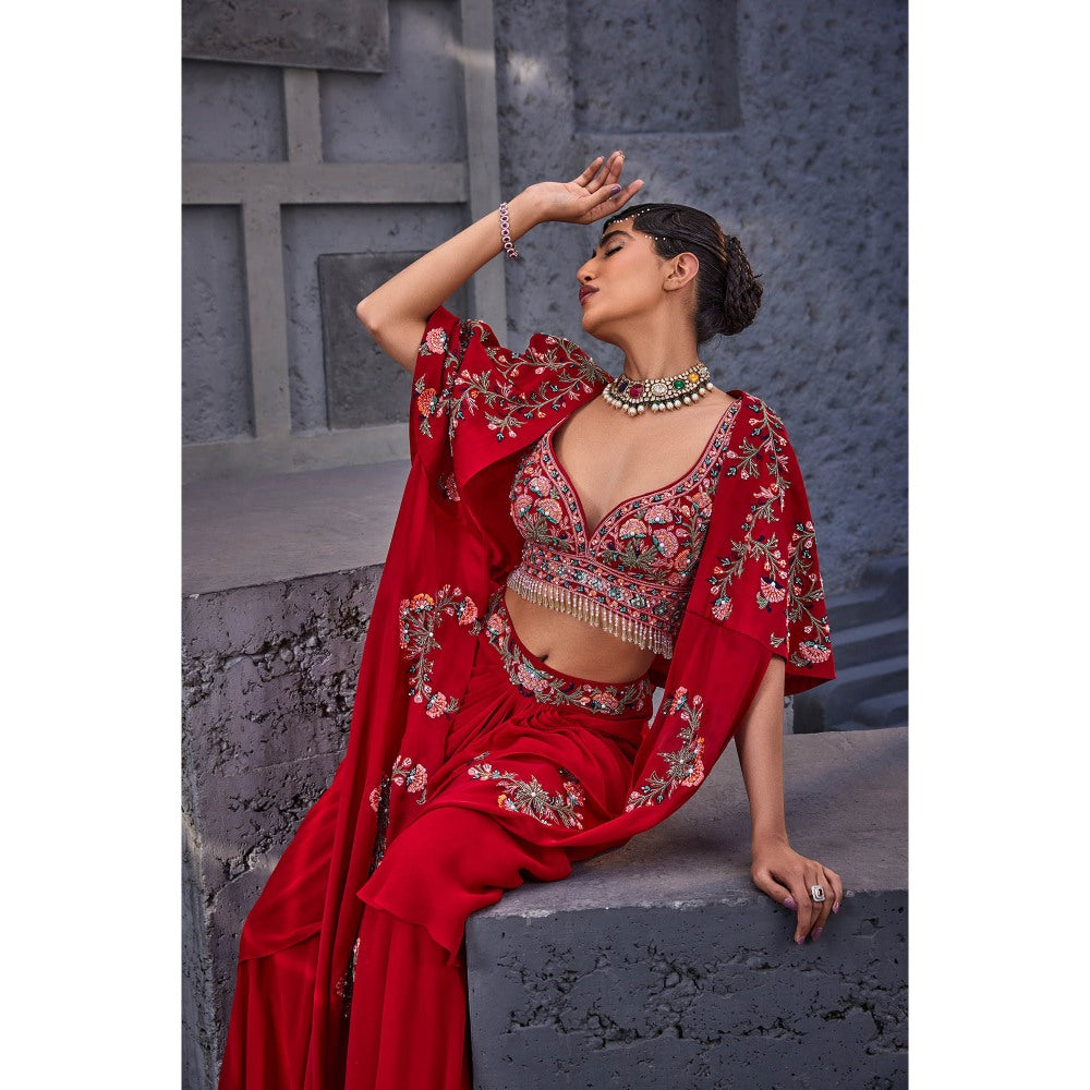 Miku Kumar Red Laalsa Non-Western Cape with Blouse and Skirt (Set of 3)