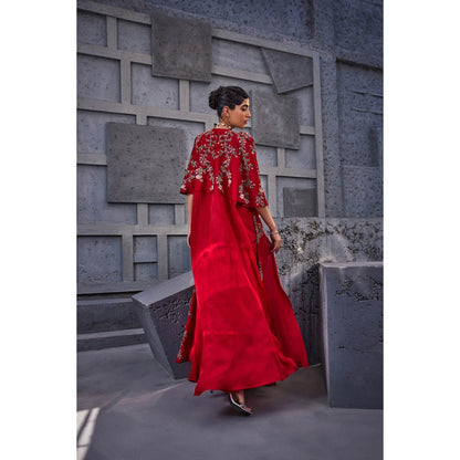 Miku Kumar Red Laalsa Non-Western Cape with Blouse and Skirt (Set of 3)