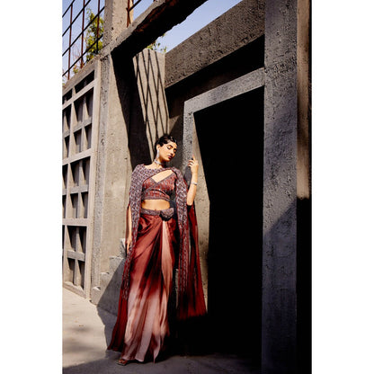 Miku Kumar Brown Afsana Midwestern Drape Skirt with Blouse, Cape, Belt and Pouch (Set of 5)