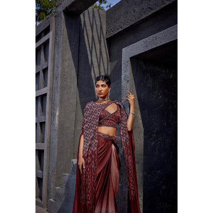 Miku Kumar Brown Afsana Midwestern Drape Skirt with Blouse, Cape, Belt and Pouch (Set of 5)