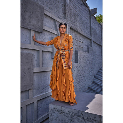 Miku Kumar Orange Kashish Jacket with Sharara, Dupatta, Belt and Pouch (Set of 5)