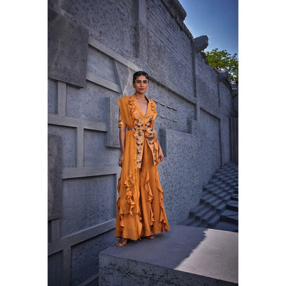 Miku Kumar Orange Kashish Jacket with Sharara, Dupatta, Belt and Pouch (Set of 5)