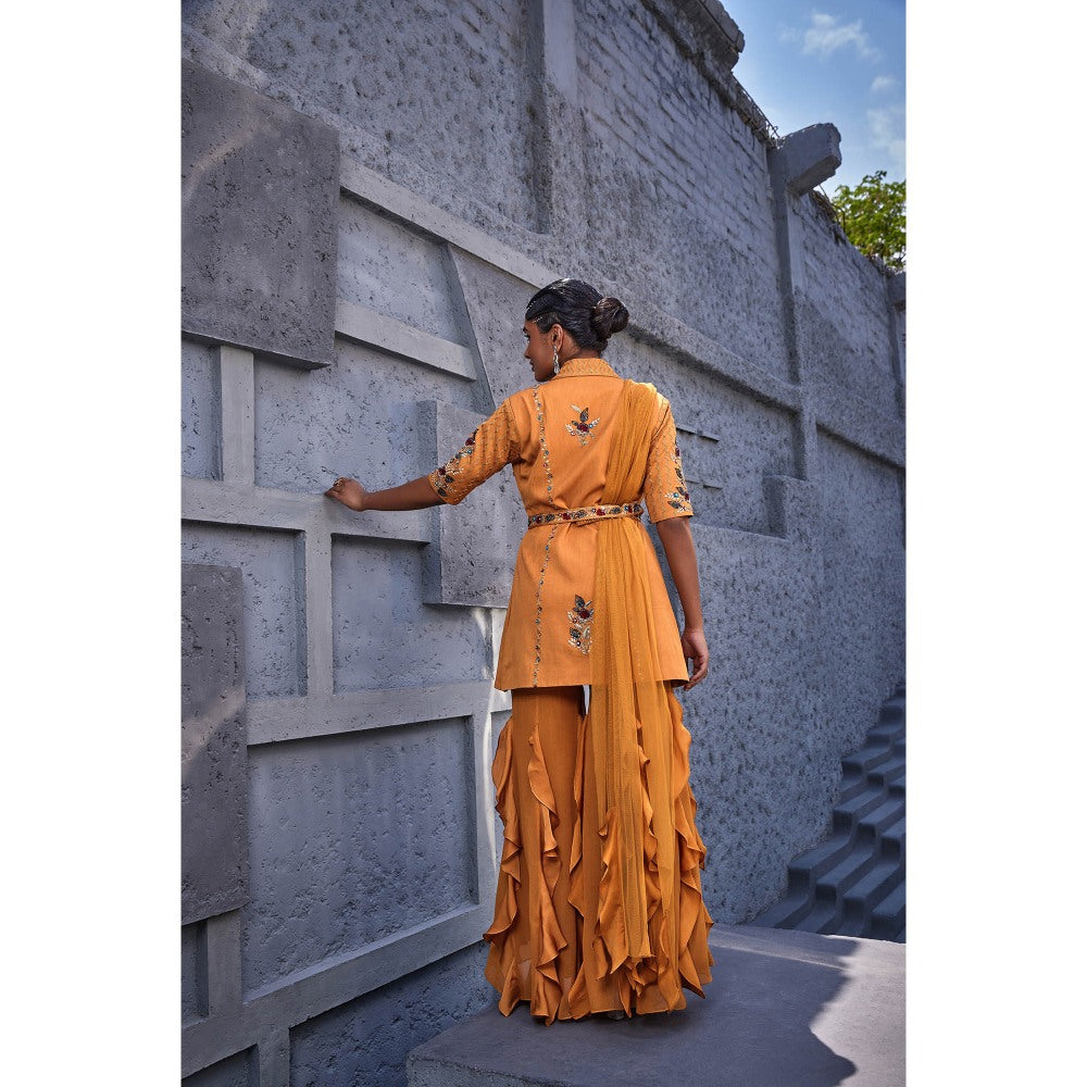 Miku Kumar Orange Kashish Jacket with Sharara, Dupatta, Belt and Pouch (Set of 5)