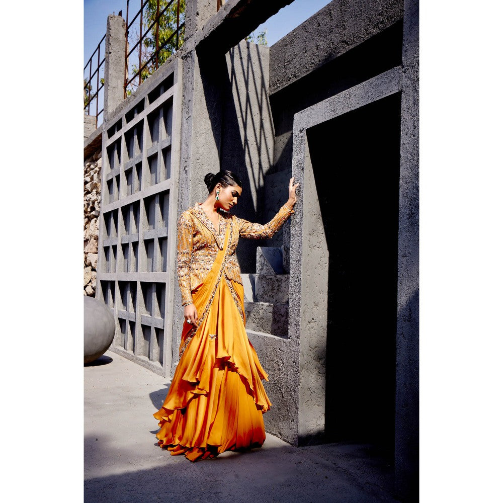 Miku Kumar Mustard Noori Pre-Drape Saree with Jacket