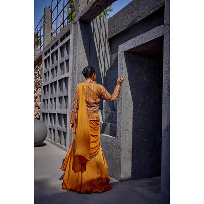 Miku Kumar Mustard Noori Pre-Drape Saree with Jacket