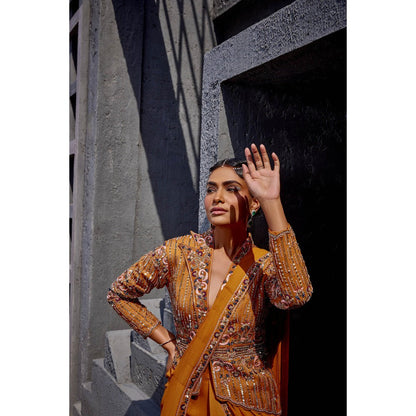 Miku Kumar Mustard Noori Pre-Drape Saree with Jacket