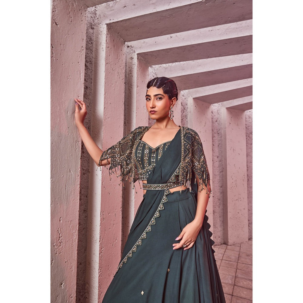 Miku Kumar Green Afra Drape Lehenga with Blouse, Cape and Belt (Set of 4)