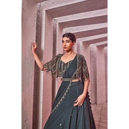 Miku Kumar Green Afra Drape Lehenga with Blouse, Cape and Belt (Set of 4)