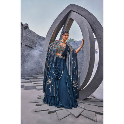 Miku Kumar Teal Feriha Drape Lehenga with Cape and Blouse (Set of 3)