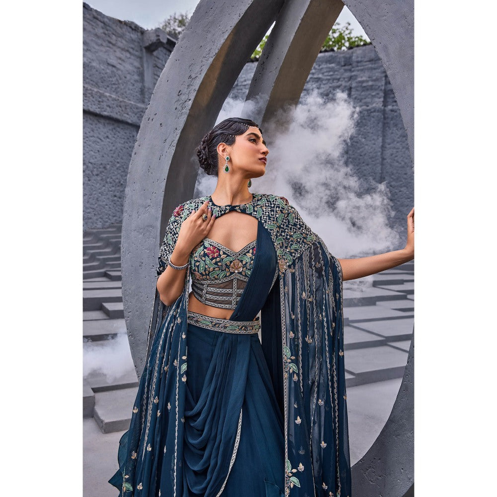 Miku Kumar Teal Feriha Drape Lehenga with Cape and Blouse (Set of 3)