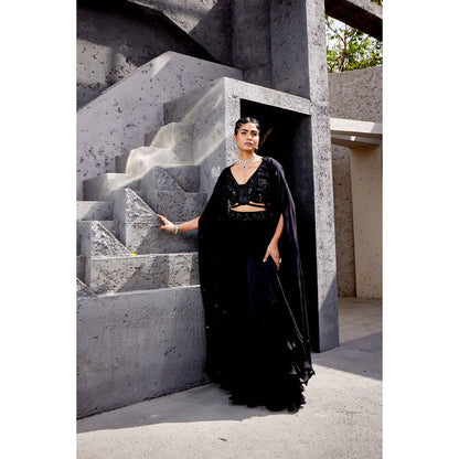 Miku Kumar Black Fatima Cape Skirt Set (Set of 3)