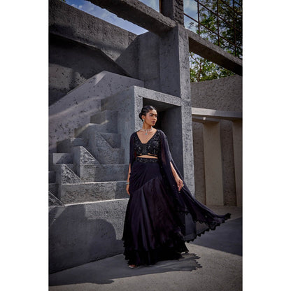 Miku Kumar Black Fatima Cape Skirt Set (Set of 3)