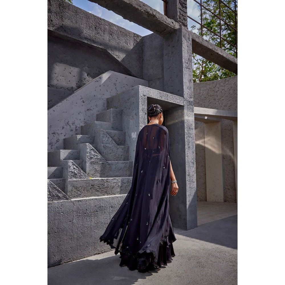 Miku Kumar Black Fatima Cape Skirt Set (Set of 3)