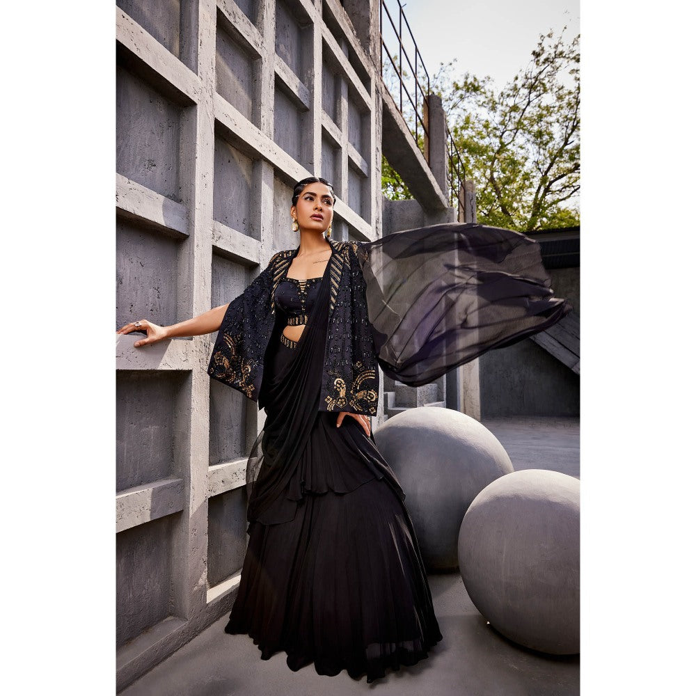 Miku Kumar Black Zoha Cape with Drape Skirt and Blouse (Set of 3)