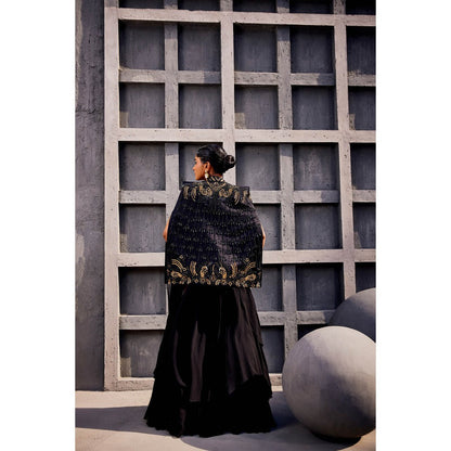 Miku Kumar Black Zoha Cape with Drape Skirt and Blouse (Set of 3)