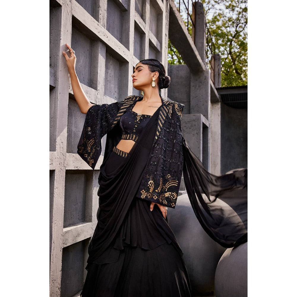 Miku Kumar Black Zoha Cape with Drape Skirt and Blouse (Set of 3)