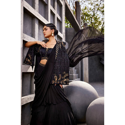 Miku Kumar Black Zoha Cape with Drape Skirt and Blouse (Set of 3)