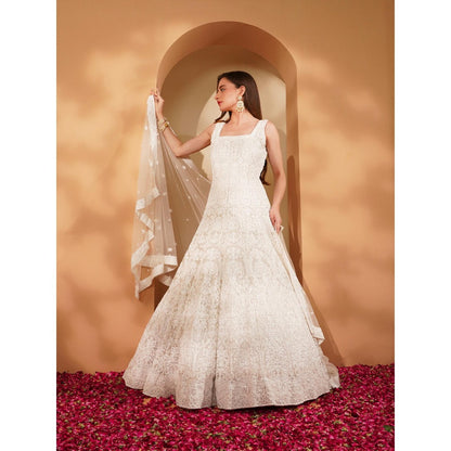 MILU MADAN White Double Net Heavy Beadwork Gown with Dupatta (Set of 2)