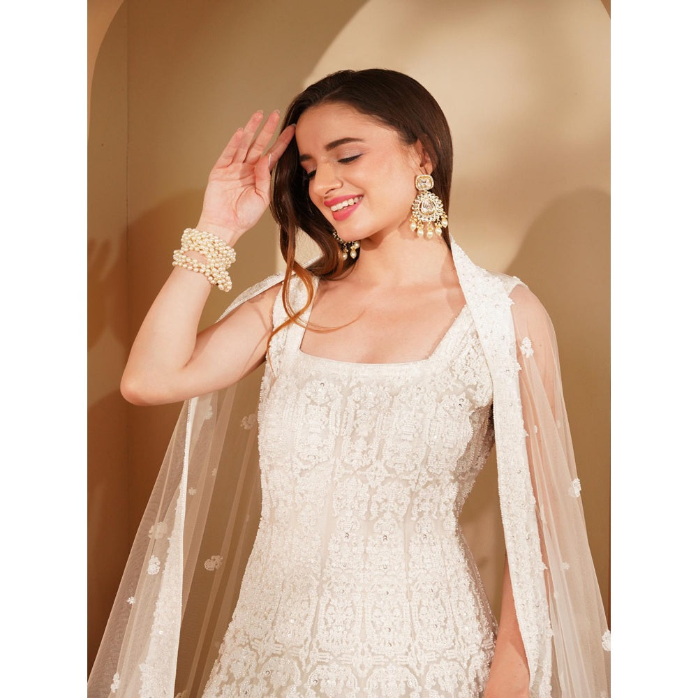 MILU MADAN White Double Net Heavy Beadwork Gown with Dupatta (Set of 2)