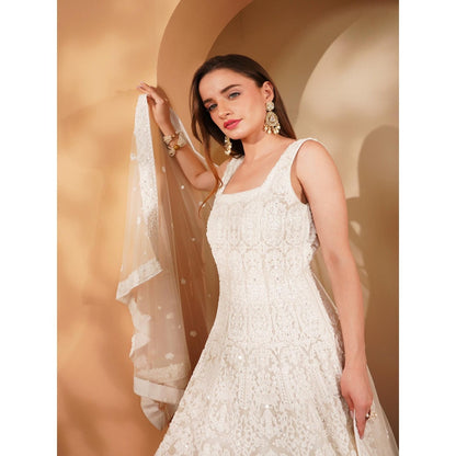 MILU MADAN White Double Net Heavy Beadwork Gown with Dupatta (Set of 2)