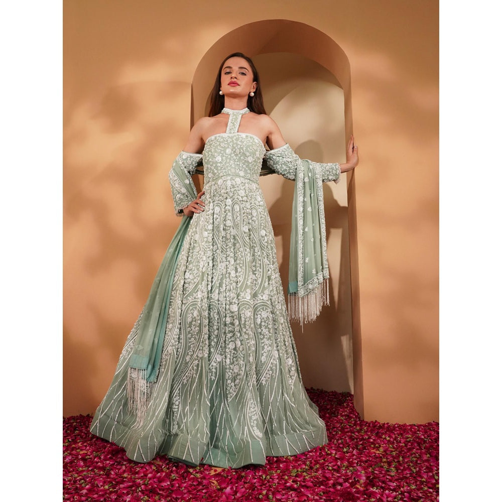 MILU MADAN Green Gown with Dupatta (Set of 2)