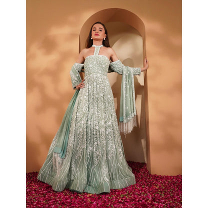 MILU MADAN Green Gown with Dupatta (Set of 2)