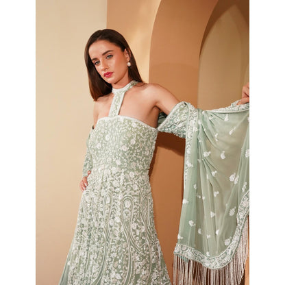MILU MADAN Green Gown with Dupatta (Set of 2)