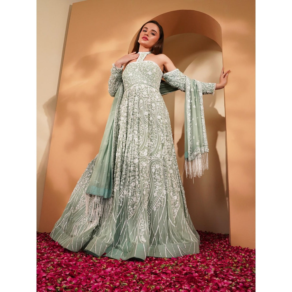 MILU MADAN Green Gown with Dupatta (Set of 2)