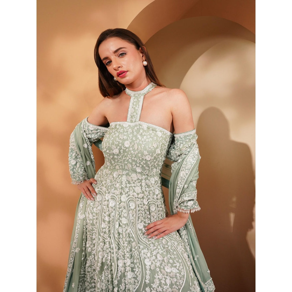 MILU MADAN Green Gown with Dupatta (Set of 2)