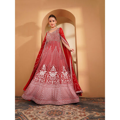 MILU MADAN Red Georgette Gown with White Sequin and Cut Dana Handwork