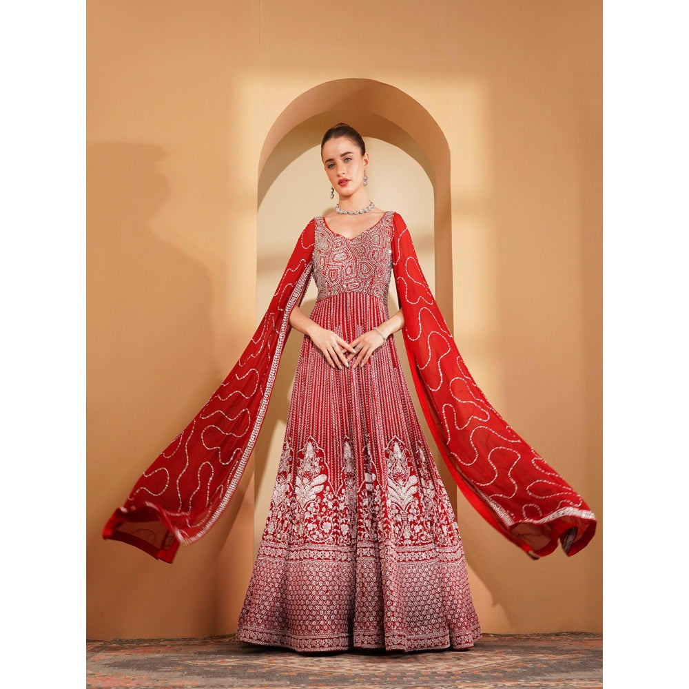 MILU MADAN Red Georgette Gown with White Sequin and Cut Dana Handwork
