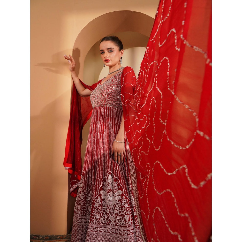 MILU MADAN Red Georgette Gown with White Sequin and Cut Dana Handwork