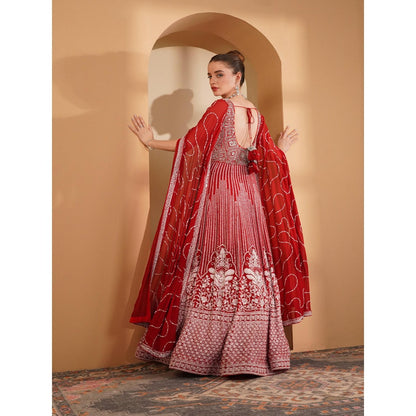 MILU MADAN Red Georgette Gown with White Sequin and Cut Dana Handwork