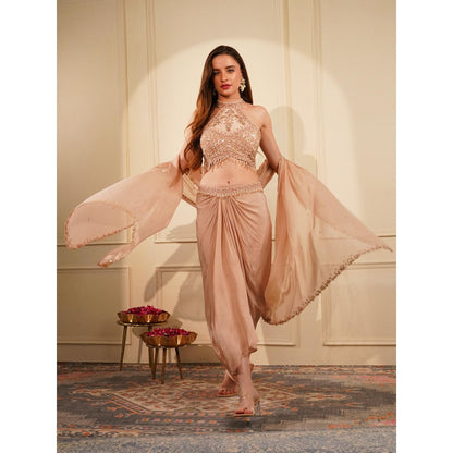 MILU MADAN Nude Crepe Drape Skirt with Blouse and Dupatta (Set of 3)