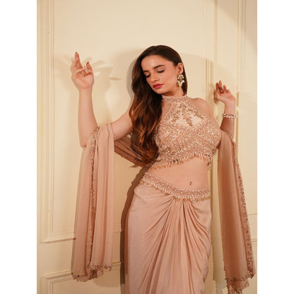 MILU MADAN Nude Crepe Drape Skirt with Blouse and Dupatta (Set of 3)