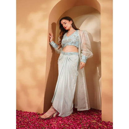 MILU MADAN Powder Blue Crepe Drape Skirt with Blouse and Jacket (Set of 3)
