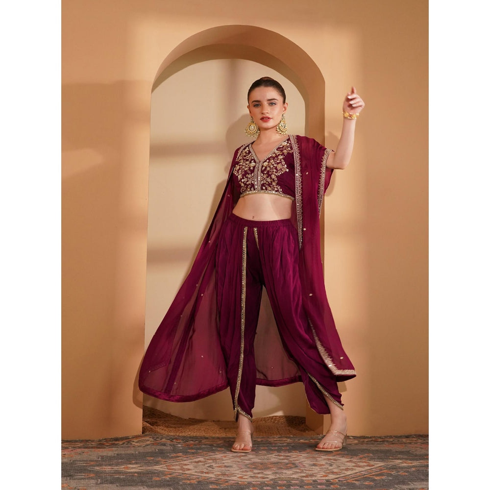 MILU MADAN Wine Crepe Cape with Blouse and Dhoti (Set of 3)