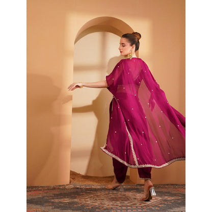 MILU MADAN Wine Crepe Cape with Blouse and Dhoti (Set of 3)