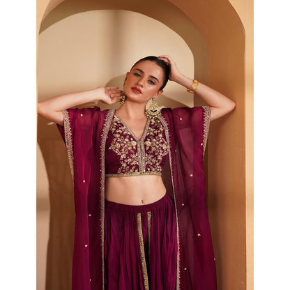 MILU MADAN Wine Crepe Cape with Blouse and Dhoti (Set of 3)