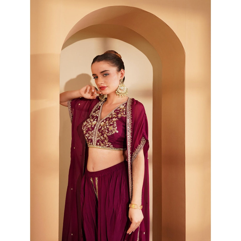 MILU MADAN Wine Crepe Cape with Blouse and Dhoti (Set of 3)