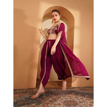 MILU MADAN Wine Crepe Cape with Blouse and Dhoti (Set of 3)