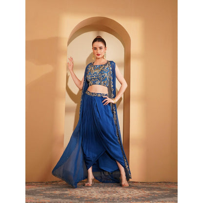 MILU MADAN Deep Blue Crepe Drape Skirt with Cape and Blouse (Set of 3)