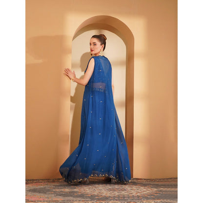 MILU MADAN Deep Blue Crepe Drape Skirt with Cape and Blouse (Set of 3)