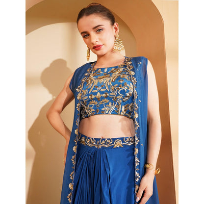 MILU MADAN Deep Blue Crepe Drape Skirt with Cape and Blouse (Set of 3)