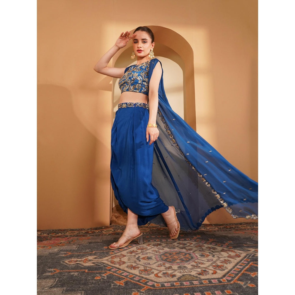 MILU MADAN Deep Blue Crepe Drape Skirt with Cape and Blouse (Set of 3)